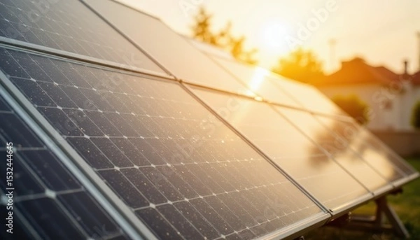 Obraz Close-Up View of Solar Panels Glimmering Under Soft Sunlight in a Residential Area
