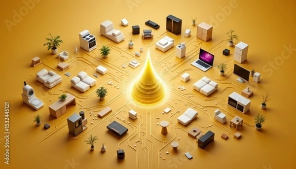 Obraz Futuristic Home Living Concept with Smart Technology and Minimalist Furniture Layout on Yellow Background