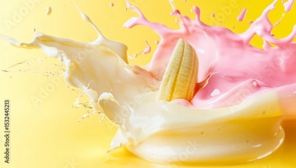 Obraz Digital artwork features a rendered image of dynamic liquid splashes in a mixed banana chocolate and vanilla milkshake with jets of drink splashing around