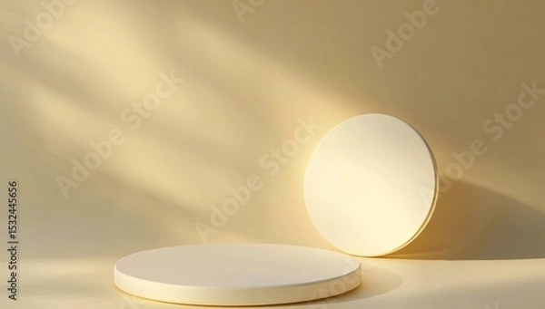 Obraz Geometric shapes and a gradual gradient on a circular back wall, combined with a gold pedestal on two floors, form a perfect setting for a product display platform