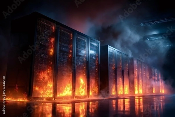 Obraz Fire burning server computers in data center with smoke and reflections