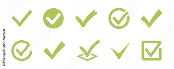 Obraz Green check mark icons in various shapes and styles including circles, boxes, and brush strokes.
