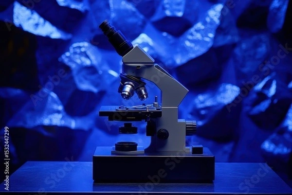 Obraz Scientific microscope on a table with blue abstract background. It's perfect for science, research, education, and medical illustrations.