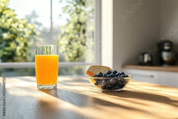 Obraz Healthy breakfast on wooden table: juice, blueberries, slice of bread. Depicts a nutritious and refreshing start to the day.