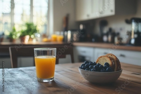 Obraz Juice, bread, and blueberries sit on a wooden table in a bright kitchen. It's ideal for illustrating healthy eating, breakfast, or a morning routine.