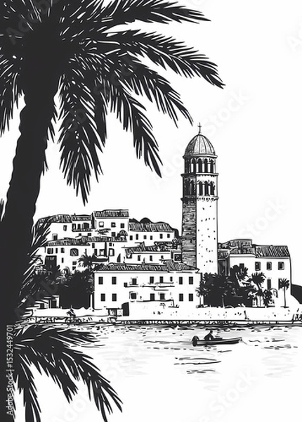 Obraz Coastal Town Sketch with Palm Trees