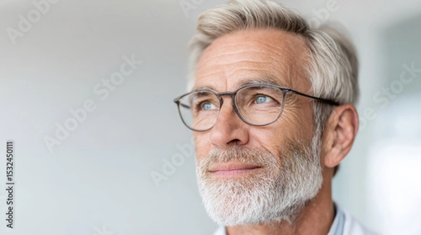 Fototapeta portrait of urologist confidently gazing to right set against clean ultrabright background