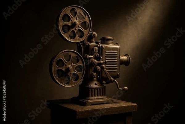 Fototapeta Vintage film projector illuminated in a dimly lit room evokes nostalgia for classic cinema experiences