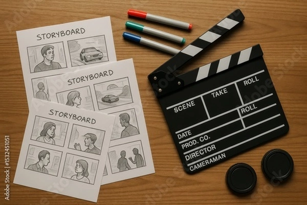 Fototapeta Exploring the creative process in cinema with storyboards, clapperboard, and markers on a wooden table