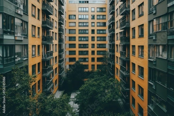 Obraz Urban buildings view showing the facade of many apartments. Good for urban planning or for showcasing residential spaces.