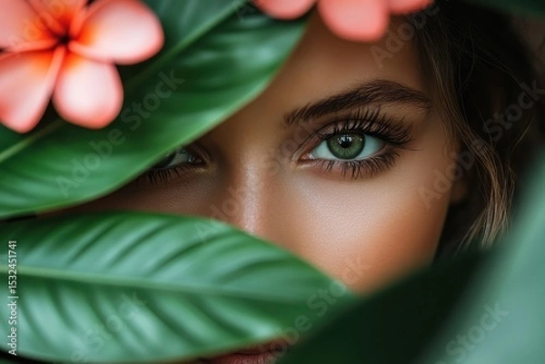 Obraz Close up of a woman's face with green eyes behind green leaves and pink flower. Use for beauty product, skincare, or nature related advertising projects.