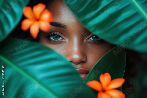 Obraz Close-up of a woman's face framed by lush green leaves and vibrant orange flowers. Use for beauty, nature, wellness, or spa promotions and creative projects.