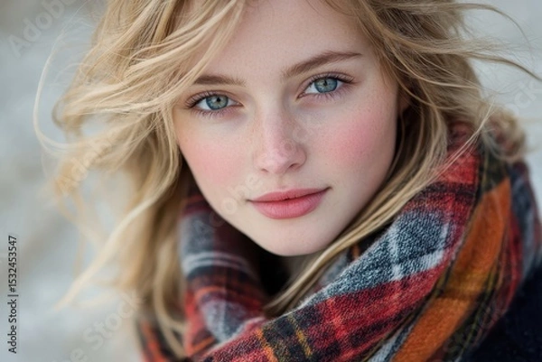 Obraz Close-up of a beautiful young woman with blue eyes and a tartan scarf. Perfect for health, beauty, or fashion-related projects and websites.
