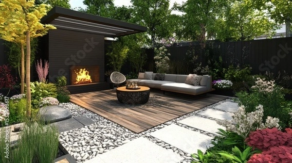 Obraz Beautiful backyard patio with fireplace, furniture, and lush greenery. Illustrates design ideas, relaxing outdoor living spaces, and home improvement.