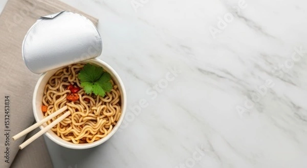 Fototapeta A takeout container filled with noodles, garnished with cilantro and red chili. Two chopsticks rest beside the container on a marble surface.