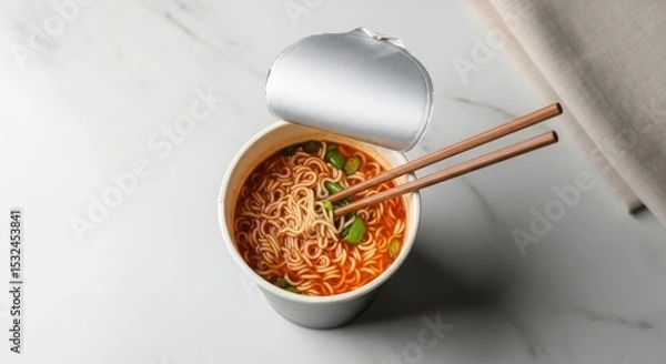 Fototapeta A takeout container filled with noodles and garnished with green herbs. Two wooden chopsticks rest on the edge of the container. The background is a light marble surface.