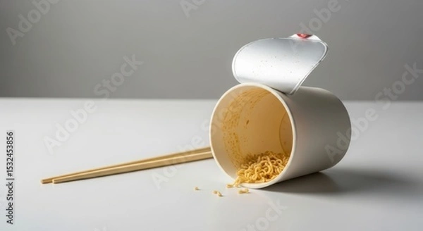 Fototapeta An empty takeout container tipped over with noodles spilling out. A pair of wooden chopsticks rests beside it. The background is neutral and minimalistic.