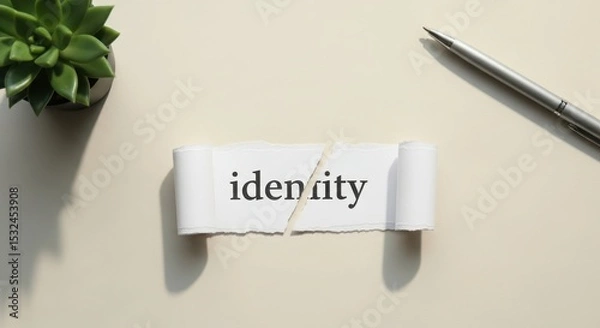 Fototapeta Torn paper with the word identity on a beige surface, next to a green plant and a silver pen, symbolizing identity concepts.