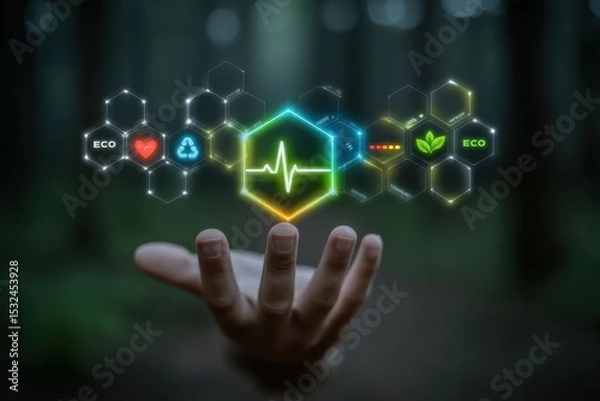 Obraz Futuristic eco-healthcare interface glowing over human hand in forest background, ideal for sustainability campaigns, environmental health, or green tech presentations