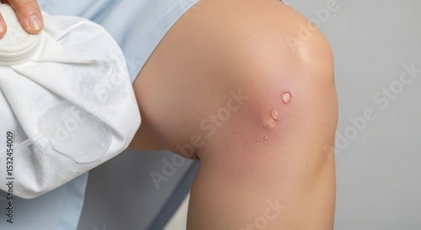 Fototapeta A close-up of a human knee with a small bump. The person is applying a cold compress to the area. The skin appears slightly red and irritated.