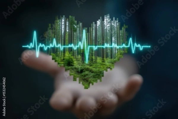 Obraz Futuristic eco-healthcare interface glowing over human hand in forest background, ideal for sustainability campaigns, environmental health, or green tech presentations