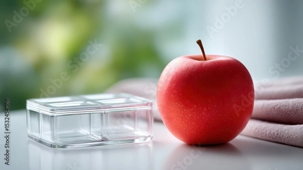 Fototapeta A red apple sits next to a clear glass container on a white surface. A soft pink cloth is partially visible in the background, with a blurred green backdrop.