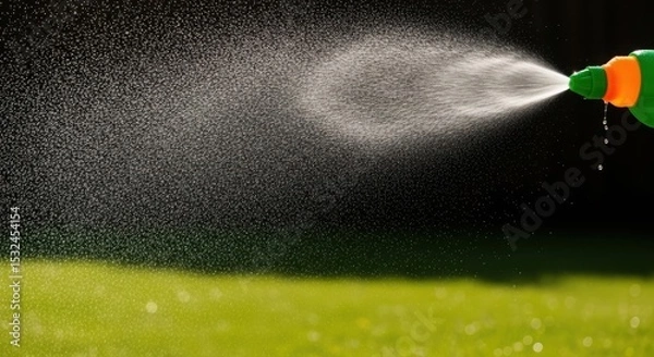 Fototapeta A close-up of a spray bottle releasing a fine mist of water onto a green lawn. The nozzle is brightly colored with orange and green accents.