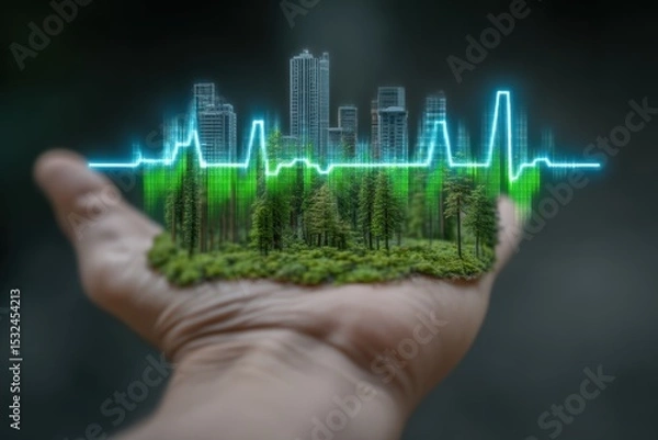 Obraz Futuristic eco-healthcare interface glowing over human hand in forest background, ideal for sustainability campaigns, environmental health, or green tech presentations