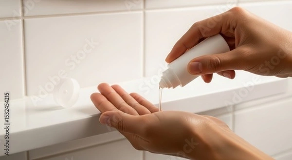 Fototapeta A person pours liquid from a white bottle into their palm. The setting features a clean, tiled bathroom countertop. The focus is on skincare and personal care routines.