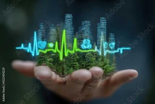 Obraz Futuristic eco-healthcare interface glowing over human hand in forest background, ideal for sustainability campaigns, environmental health, or green tech presentations