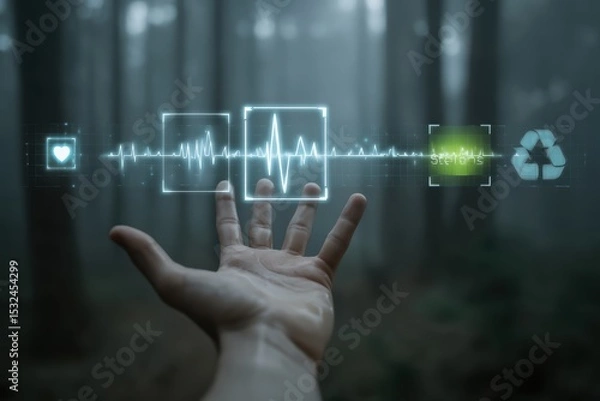 Obraz Futuristic eco-healthcare interface glowing over human hand in forest background, ideal for sustainability campaigns, environmental health, or green tech presentations