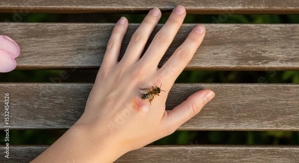 Fototapeta A close-up of a human hand with a bee resting on it. The hand is placed on a wooden surface, surrounded by greenery and a flower.