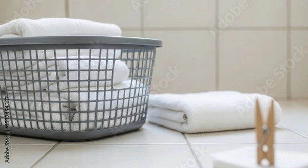 Fototapeta A gray laundry basket filled with white towels sits on tiled flooring. A folded towel and a clothespin are nearby, creating a clean and organized laundry scene.