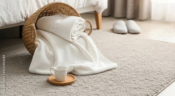 Fototapeta A cozy indoor scene featuring a white blanket draped over a woven basket. A cup on a wooden saucer sits on a soft rug near slippers and a bed.