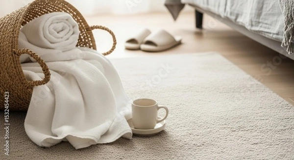 Fototapeta A cozy indoor scene featuring a woven basket with rolled white towels, a cup on a saucer, and soft slippers on a light rug.