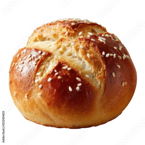 Fototapeta A single pretzel roll with sesame seeds on a transparent background in a studio shot close up view