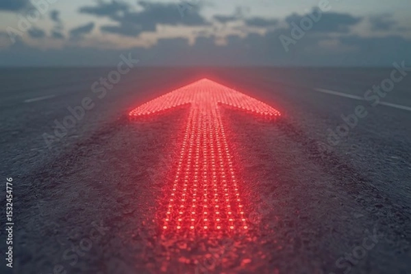 Obraz Green LED arrow,Red LED arrow, Floating arrow, Perspective path, Grey road, O-shaped road, Blurry cloudy sky, Realistic lighting, Uniform lighting, Photorealistic image, High detail, High resolution, 