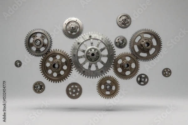 Fototapeta Gear assembly, Floating gears, Mechanical parts, Metallic gears, Precision engineering, Industrial design, Photorealistic gears, High detail gears, Gear teeth, Mechanical components, Metal texture, Re