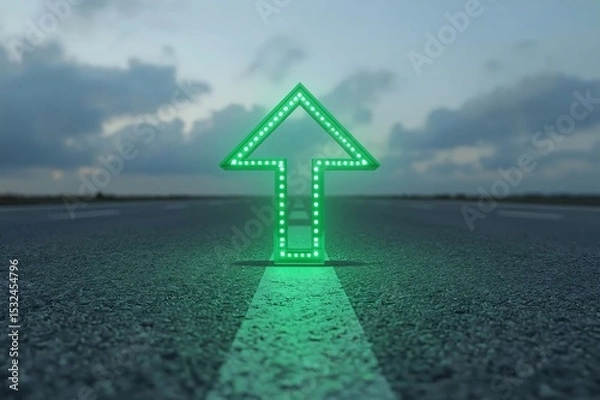 Fototapeta Green LED arrow,Red LED arrow, Floating arrow, Perspective path, Grey road, O-shaped road, Blurry cloudy sky, Realistic lighting, Uniform lighting, Photorealistic image, High detail, High resolution, 