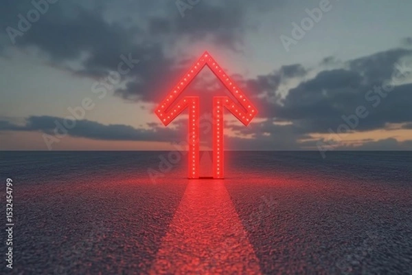 Fototapeta Green LED arrow,Red LED arrow, Floating arrow, Perspective path, Grey road, O-shaped road, Blurry cloudy sky, Realistic lighting, Uniform lighting, Photorealistic image, High detail, High resolution, 