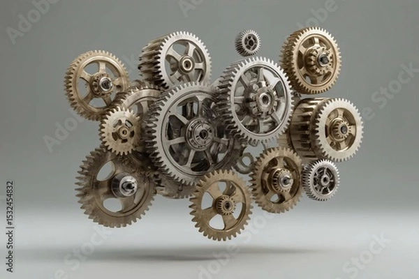 Fototapeta Gear assembly, Floating gears, Mechanical parts, Metallic gears, Precision engineering, Industrial design, Photorealistic gears, High detail gears, Gear teeth, Mechanical components, Metal texture, Re