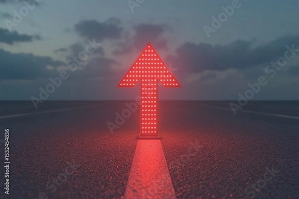 Fototapeta Green LED arrow,Red LED arrow, Floating arrow, Perspective path, Grey road, O-shaped road, Blurry cloudy sky, Realistic lighting, Uniform lighting, Photorealistic image, High detail, High resolution, 