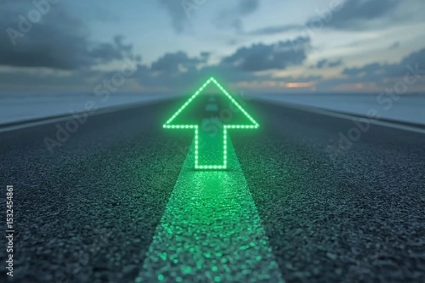 Fototapeta Green LED arrow,Red LED arrow, Floating arrow, Perspective path, Grey road, O-shaped road, Blurry cloudy sky, Realistic lighting, Uniform lighting, Photorealistic image, High detail, High resolution, 