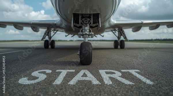 Fototapeta Start of Flight,airplane, Front landing wheel, Airplane engine, Jet engine, Propeller engine, Aircraft section, Grey runway, Airport road, START text, Takeoff concept, Travel path, Perspective view, B