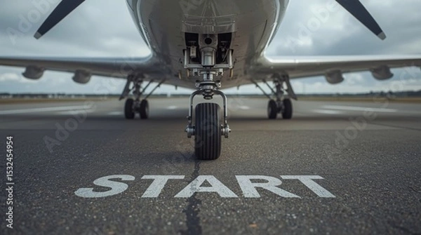 Fototapeta Start of Flight,airplane, Front landing wheel, Airplane engine, Jet engine, Propeller engine, Aircraft section, Grey runway, Airport road, START text, Takeoff concept, Travel path, Perspective view, B