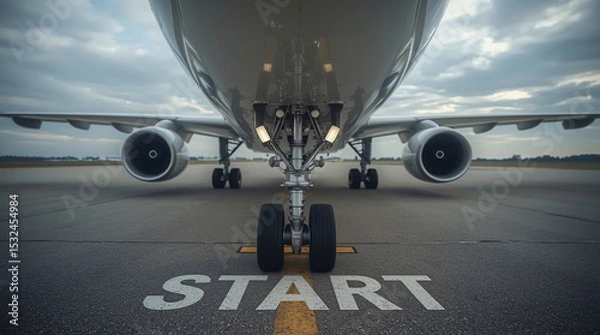 Fototapeta Start of Flight,airplane, Front landing wheel, Airplane engine, Jet engine, Propeller engine, Aircraft section, Grey runway, Airport road, START text, Takeoff concept, Travel path, Perspective view, B