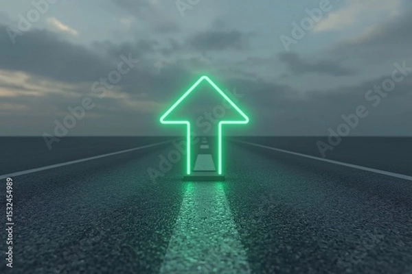 Fototapeta Green LED arrow,Red LED arrow, Floating arrow, Perspective path, Grey road, O-shaped road, Blurry cloudy sky, Realistic lighting, Uniform lighting, Photorealistic image, High detail, High resolution, 