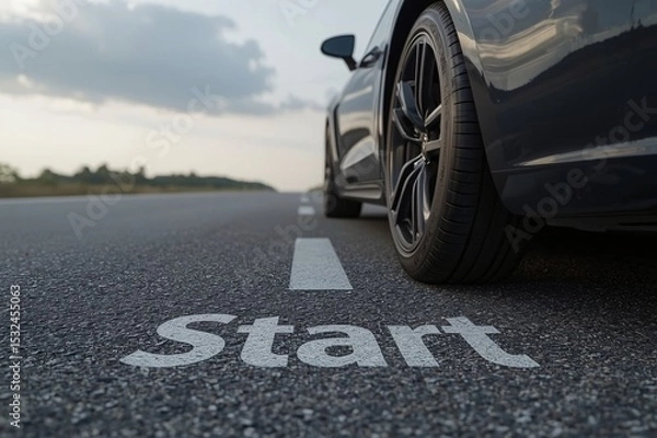Fototapeta Start of Motion,Car body, Single tire, Floating perspective, Grey road, START text, Blurry sky, Cloudy background, Realistic lighting, Uniform lighting, Photorealistic detail, High resolution, 8K rend
