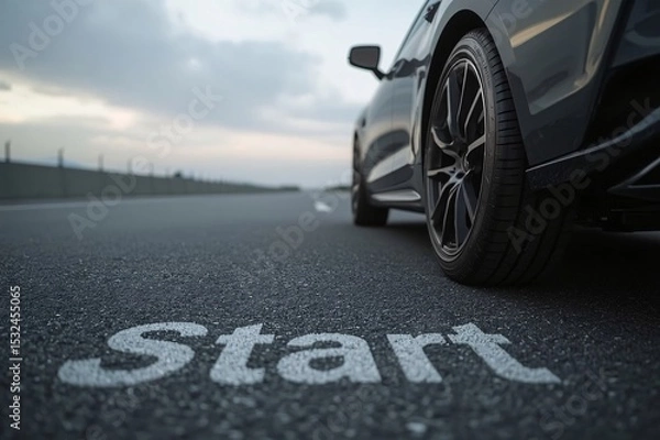 Fototapeta Start of Motion,Car body, Single tire, Floating perspective, Grey road, START text, Blurry sky, Cloudy background, Realistic lighting, Uniform lighting, Photorealistic detail, High resolution, 8K rend