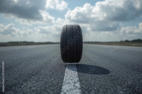Obraz Start of Motion,Car body, Single tire, Floating perspective, Grey road, START text, Blurry sky, Cloudy background, Realistic lighting, Uniform lighting, Photorealistic detail, High resolution, 8K rend